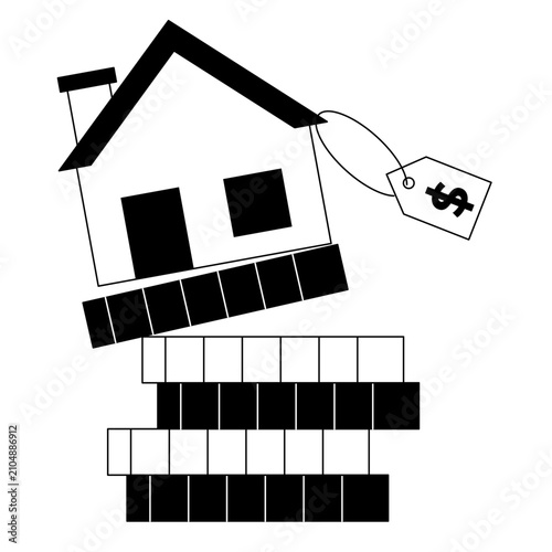 Illustration of Blue Home on Bricks with Sale Label Showing Property Value and Mortgage Concept