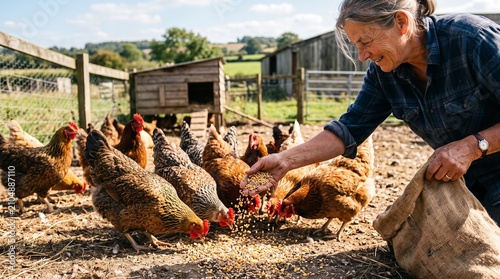Farmer feeding flock of chickens on a sunny day at a rural farm with wooden coop and green fields in background