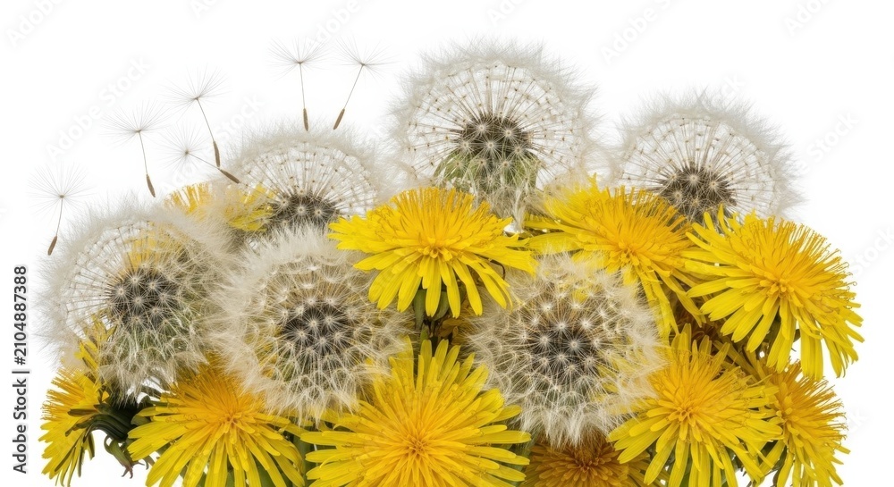 Obraz premium Yellow and White Dandelions Blooming and Puffballs