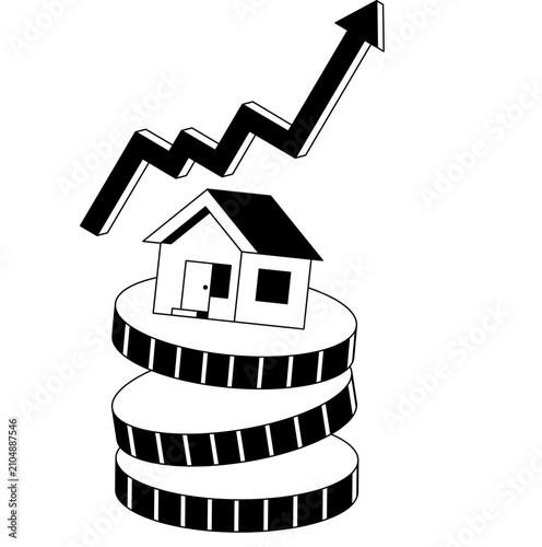 Illustration of Blue Home on Bricks with Sale Label Showing Property Value and Mortgage Concept
