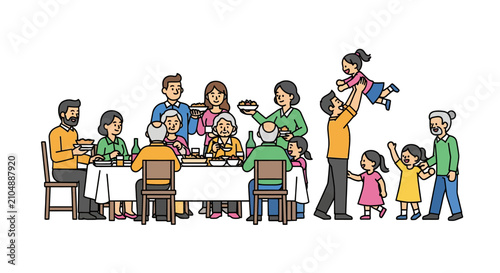 Family gathered around dinner table eating.
