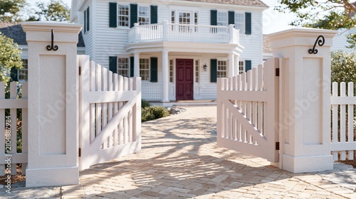 Classic american house exterior with open white picket fence gate on a sunny day