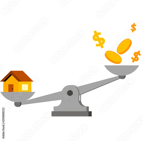 Illustration of House on Scale with Gold Coins Showing Real Estate Value Assessment