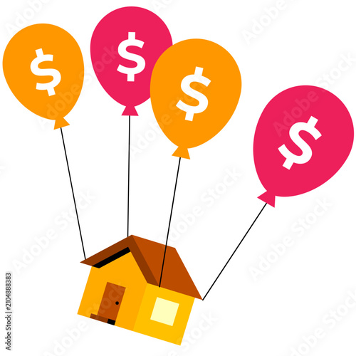 Illustration of Home Floating Up with Money Balloons Showing Real Estate Value Increase