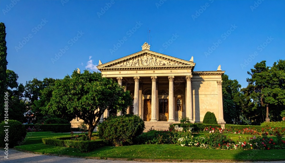 Obraz premium Neoclassical building with classical columns and green garden.