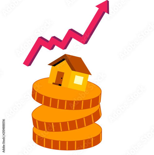 Illustration of Blue Home on Bricks with Sale Label Showing Property Value and Mortgage Concept