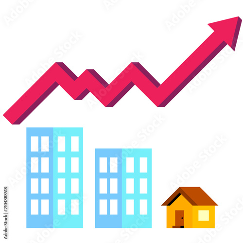 Illustration of City Buildings with Upward Red Arrow and Dollar Sign Showing Property Value Rise