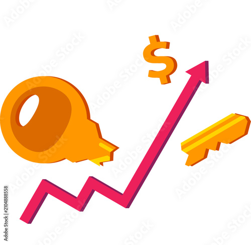 Illustration of House Key with Upward Growth Arrow Showing Real Estate Investment Opportunity and Property Value