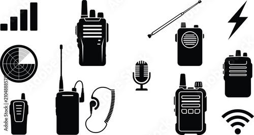 Cuadro en lienzo Walkie Talkie Icon Set with Radio Transmitter Signal Radar and Communication Hea