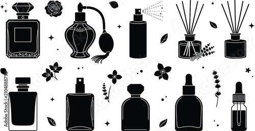 Foto Perfume Bottle Icon Set with Aroma Reed Diffuser and Essential Oil Dropper Symbo