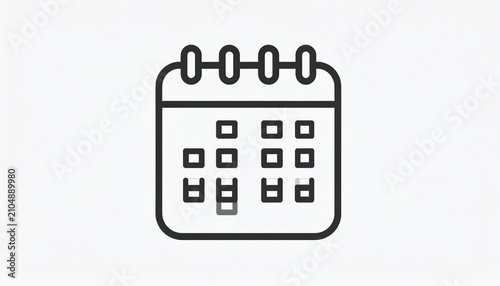 A minimalist black line art icon of a calendar with a grid of days on a white background.