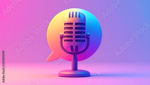A retro-style microphone is centered inside a glowing neon speech bubble against a.