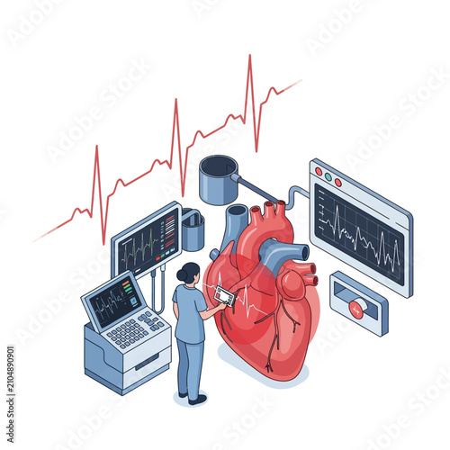 Medical Technology: Doctor Examines Heart with ECG Monitors and Medical Equipment