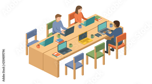 People working together at a large communal office desk