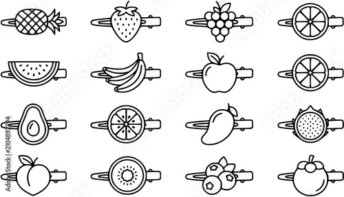 Εκτύπωση καμβά Fashion Accessories: Black and White Line Art Icons Set of Fruit Hair Clips and Barrettes