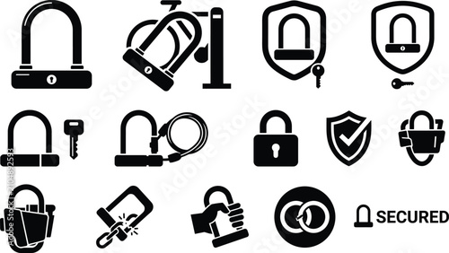 Konstfotografi Bicycle Lock Icon Set with Security U-Lock Shield and Key Protection Symbols