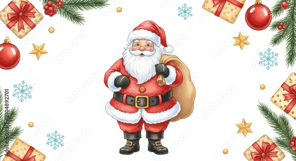 Obraz premium Watercolor Santa Claus Illustration with Festive Christmas Border of Gifts, Ornaments, and Pine Branches on White Background