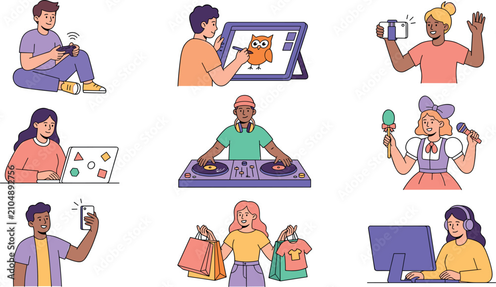 Fototapeta premium Diverse Content Creators and Digital Freelancers Vector Icon Set Featuring Young Influencer Blogger Gamer DJ Digital Artist and Video Streamer Characters