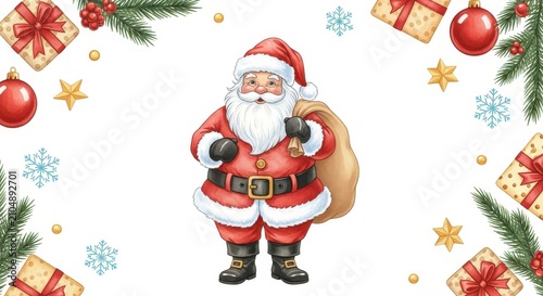 Watercolor Santa Claus Illustration with Festive Christmas Border of Gifts, Ornaments, and Pine Branches on White Background