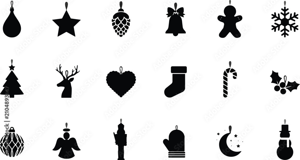 Naklejka premium Set Of Black Silhouette Christmas And Winter Holiday Ornaments And Symbols On White