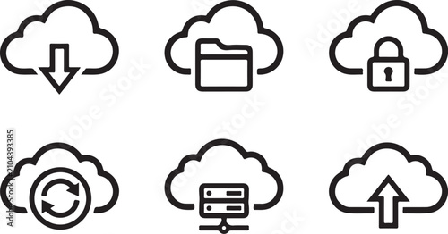 Canvastavla Six cloud storage icons with different functions in simple black and white style