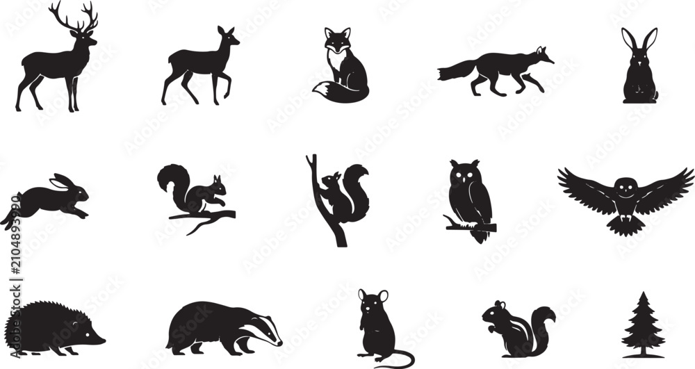Obraz premium Silhouette Collection Of Woodland Forest Animals Including Deer Fox Rabbit Owl Squirrel And Hedgehog