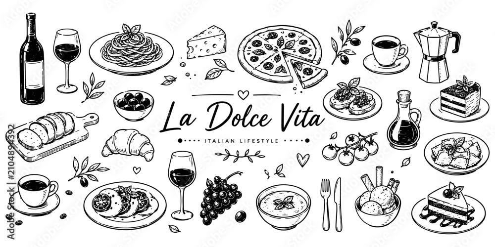 Fototapeta premium Hand drawn Italian whimsical doodle sketch clip art. Vintage La dolce vita (sweet life in Italian) icons. Crayon or brush drawn cheese, coffee cup, glass of wine with pasta, eggs or cheese.