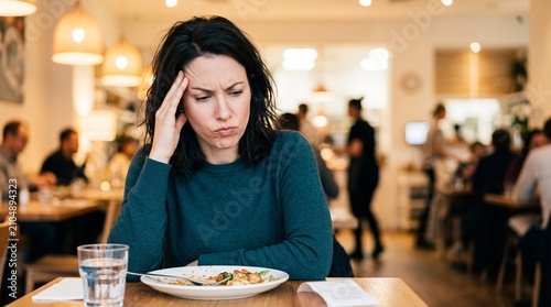 Frustrated woman looking unhappy with her meal in restaurant