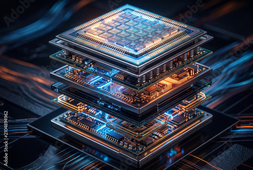 Stack of futuristic computer chips with glowing blue and orange lights on a dark background