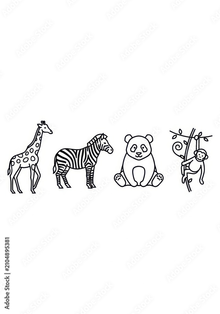 Obraz premium Set of Minimalist Animal Line Art Icons Featuring Giraffe Zebra Panda and Monkey for Creative Design Projects