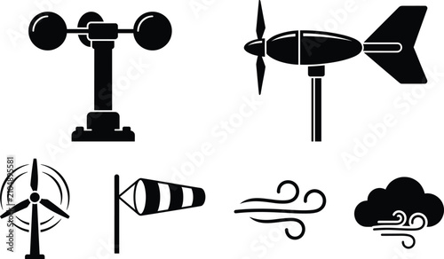 Tableau sur toile Meteorology Weather Station and Wind Measurement Icon Set with Anemometer and Va