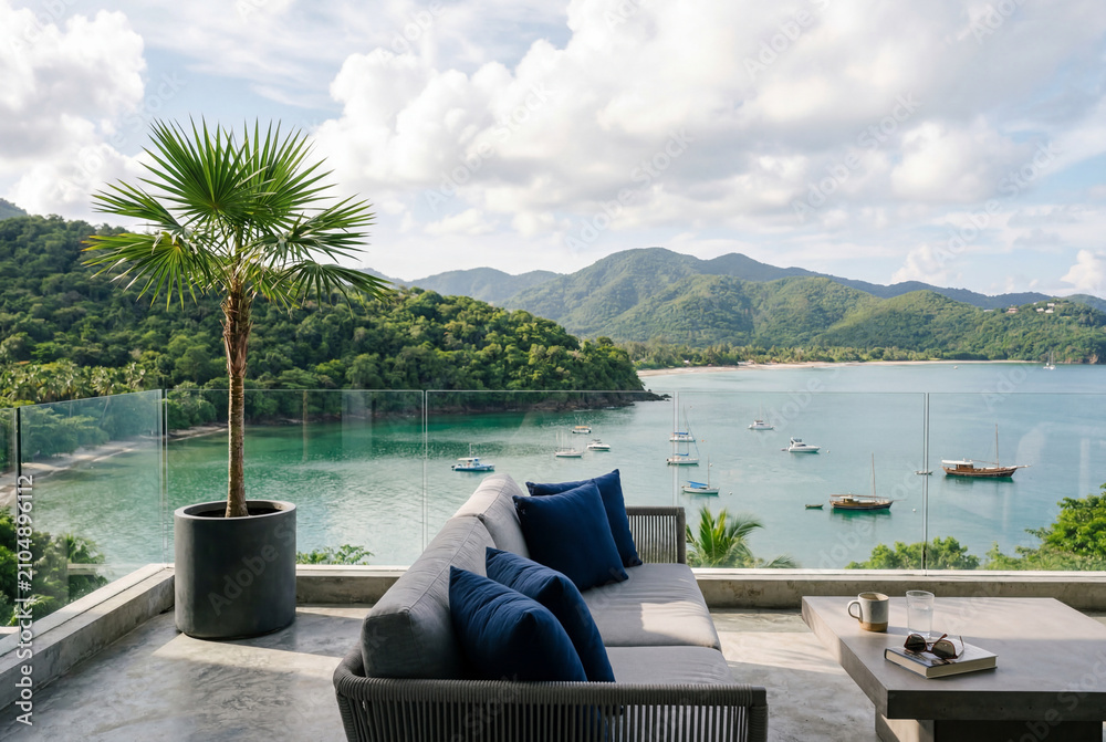 Obraz premium Modern balcony lounge with sofa overlooking tropical bay