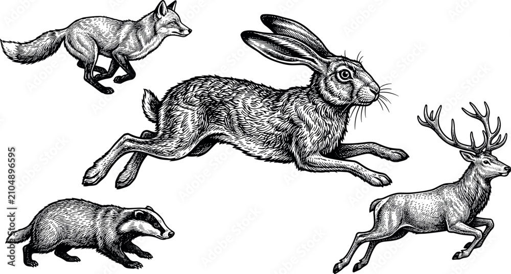 Obraz premium Retro woodcut style running wild animal graphics collection including jumping rabbit galloping buck and sprinting fox drawing elements