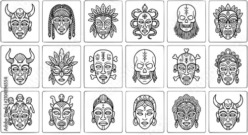 Foto Ancient Mythology Tribal Masks and Skulls Black and White Line Art Vector Glyph