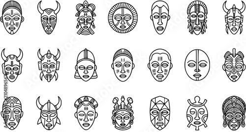Bild auf Leinwand African tribal masks, line art icons, traditional cultural symbols for design