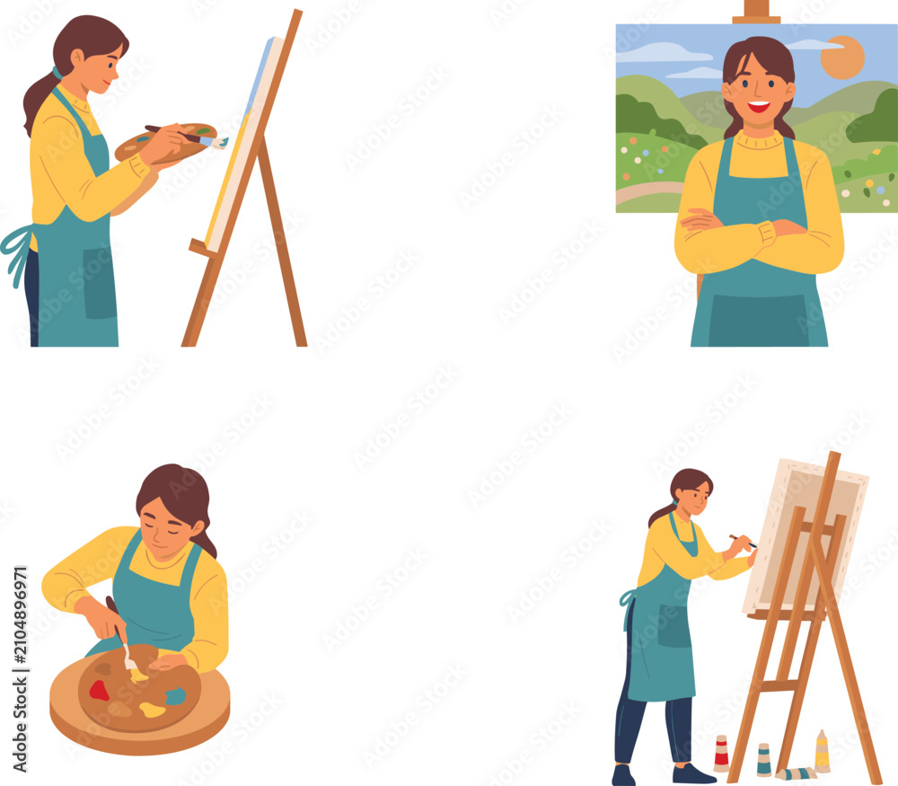 Fototapeta premium Female Artist Painting on Canvas Vector Character Set Featuring Woman Painter Wearing Apron with Wooden Easel Palette and Landscape Artwork