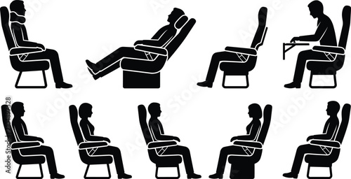 фотографія Airplane Passenger Seat Silhouette Icon Set with Reclining Ergonomic and Working