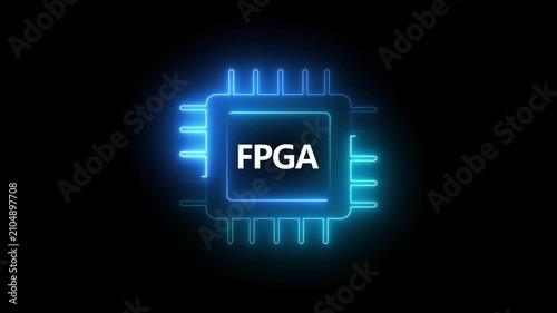 Glowing Blue Neon FPGA Processor Chip Icon Animation Loop Field Programmable Gate Array Hardware Symbol Isolated on Black Background Motion Graphic