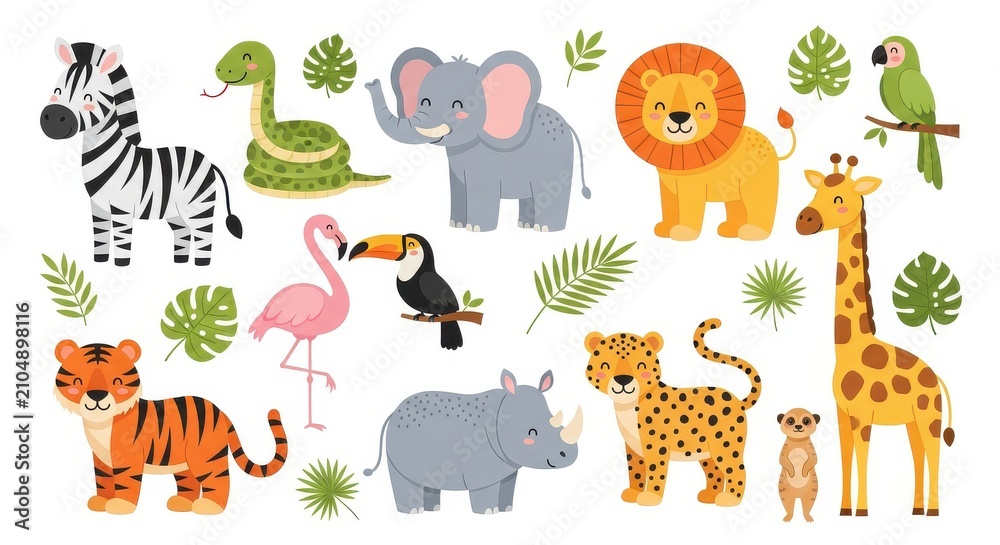 Obraz premium Cute African Safari Animals Vector Set with Lion Tiger Elephant Giraffe Zebra and Tropical Leaves for Kids Design