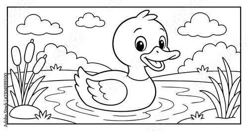 Konstfotografi Cute duckling swimming in a pond for a black and white children coloring book pa