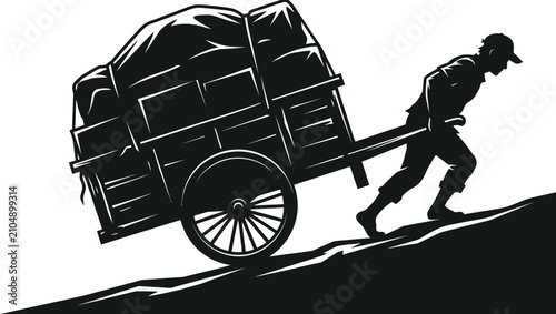 Man pulling wooden cart filled with heavy goods uphill showing hard labor and struggle in a black and white vector illustration on a white background