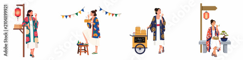 Foto Flat illustration set of women in traditional attire enjoying Asian street food, dim sum, and steamed buns at a festival or market