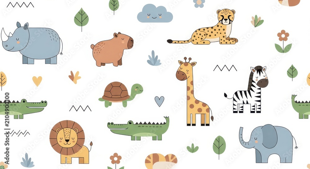 Obraz premium Cute Safari Animal Seamless Pattern with Lion, Giraffe, Elephant, and Zebra for Kids Nursery Decor and Fabric Design