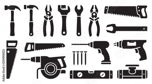 Fotografía Professional tool kit icons featuring various metallic instruments for heavy construction