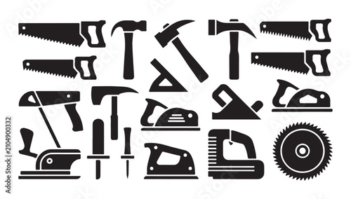 Various black silhouette carpentry tools for construction and repair work with transparent background.