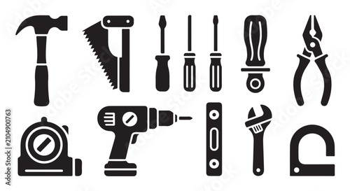 Comprehensive collection of construction and repair tool icons for hardware work design.