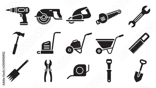 Bild auf Leinwand Set of black construction and garden tools silhouettes on transparent background vector