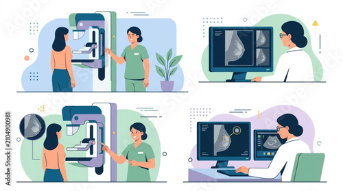 Medical professionals perform mammography screenings and analyze breast X-rays in a clinic, illustrating women's health and diagnostic procedures with a clean, modern aesthetic