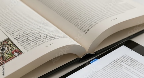 Open book next to a tablet