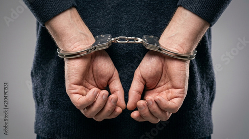 Arrested: Hands cuffed behind back, criminal justice concept, close-up